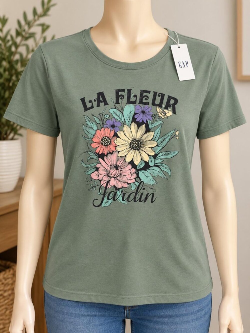 Gap La Fleur Jardin Floral Graphic Tee M Sage Green New With Tags